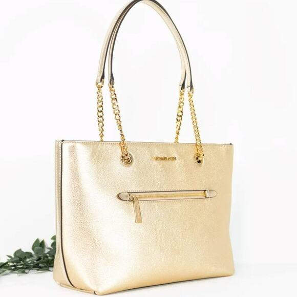 MICHAEL KORS Jet Set Pebbled Leather Chain Tote Bag Pale Gold - Picture 2 of 4